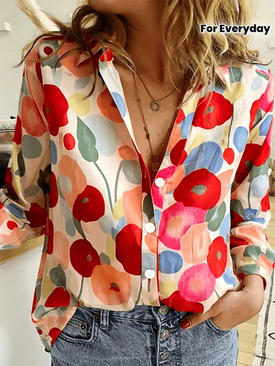 Blusa de manga larga con estampado abstracto colorido de poliéster para mujer, diseño con botones delanteros para primavera