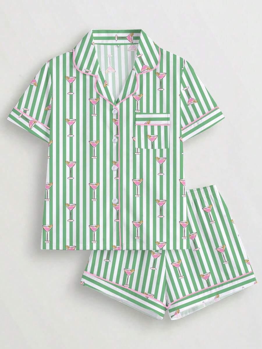 2pcs Women's Pajama Set, Striped Exquisite Wine Glass Print, Women's Loungewear, Spring/Summer Holiday Outfit, Short Sleeve Lapel Top And Shorts Wearable Set - Green - View 1
