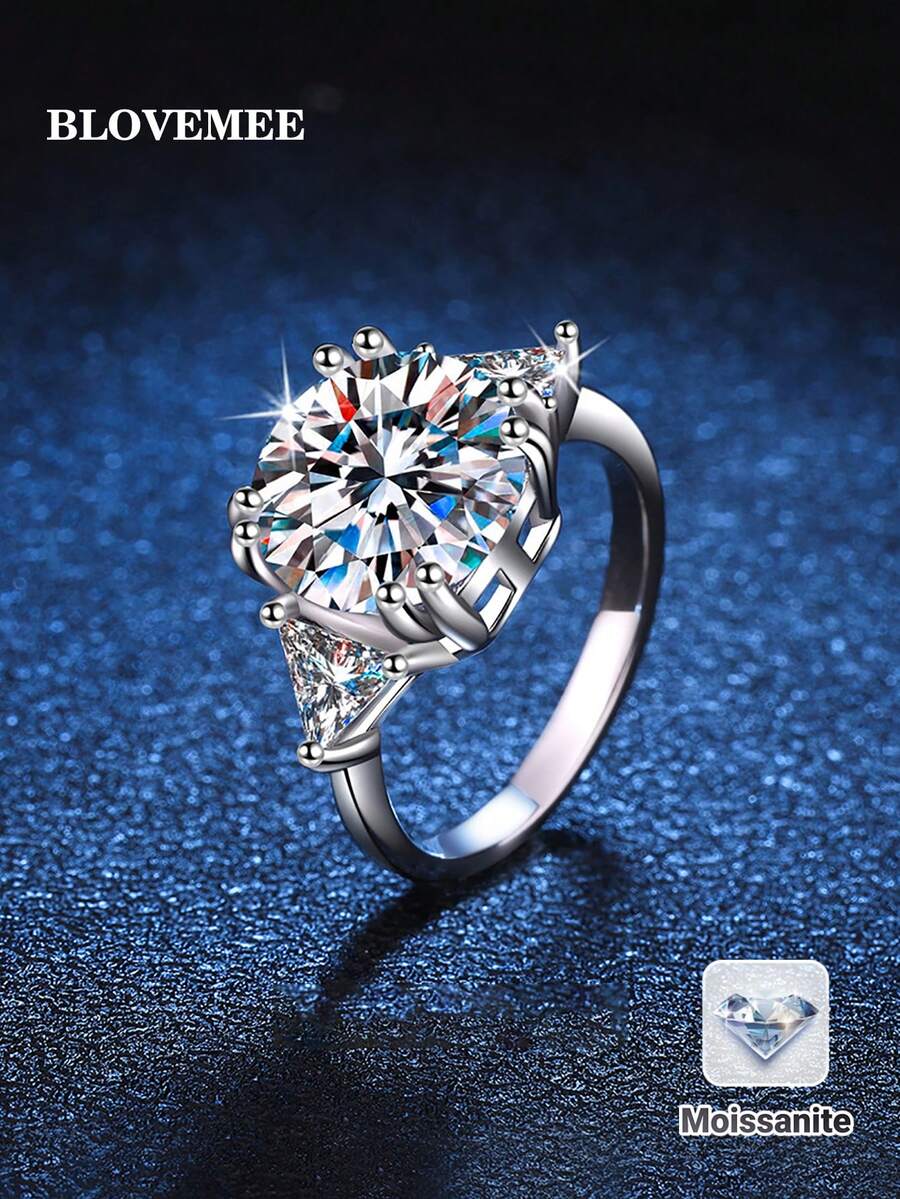 BLOVEMEE 1 chiếc nhẫn bạc 925 cao cấp đính đá Moissanite 5ct 11.0mm, quà tặng Ngày của Mẹ, nhẫn đính hôn vĩnh cửu, nhẫn cưới cho cô dâu, món quà trang sức lấp lánh dành cho phái đẹp. - Bạc - Xem 1