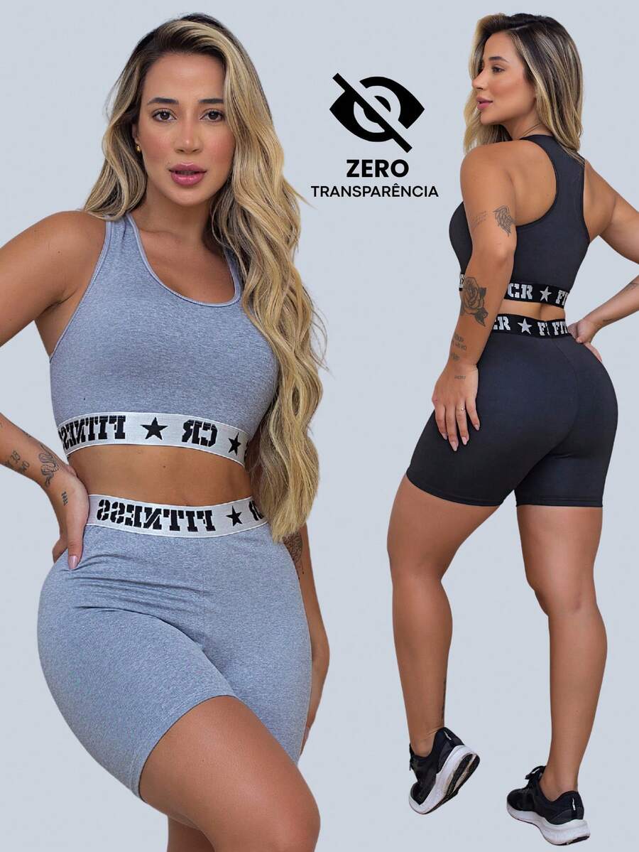 Kit 2 Conjuntos Zero Transparencia 2 Tops e 2 Shorts Elástico Exposto Academia Fitness Feminino