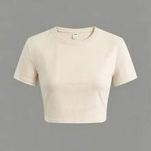 2026 Summer Clothes Dutch Motorcycles Speed Shop With Winged Eye Women's Casual Solid Color Crew Neck Short Sleeve Slim Fit Cropped T-Shirt Basic Summer Polyester Top, Versatile Everyday Wear, Perfect Gift For HerLoose And Comfortablesummer Tops  Dutch Clothes Women Playeras De Mujer - 杏色 - 查看 2
