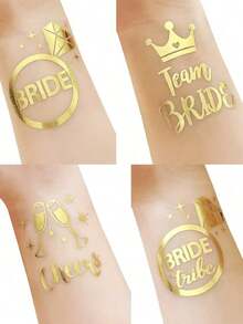 16pcs Bride Tribe Metallic Temporary Tattoos, Bachelorette Party Celebration Tattoos, Suitable For Women & Adults, Bridesmaid Gift, Party Decor, Heart & Kiss Patterns For Valentine's Day - Vàng - Xem 4