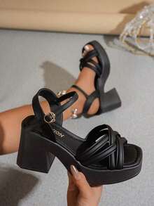 Women's Fashion Thick Bottom Sandals With Ruched Strap, Closure, & Open-Toe - Black 2 - 查看 2