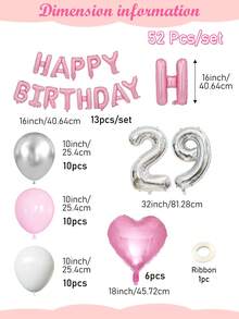 13/50/52件組女性粉色生日裝飾套裝－生日快樂橫幅＋愛心形鋁箔氣球＋粉色、白色與金屬銀加厚乳膠氣球，適用於生日派對、成人生日、15-30歲、40歲生日裝飾、拍照背景裝飾 - 彩色 - 查看 12