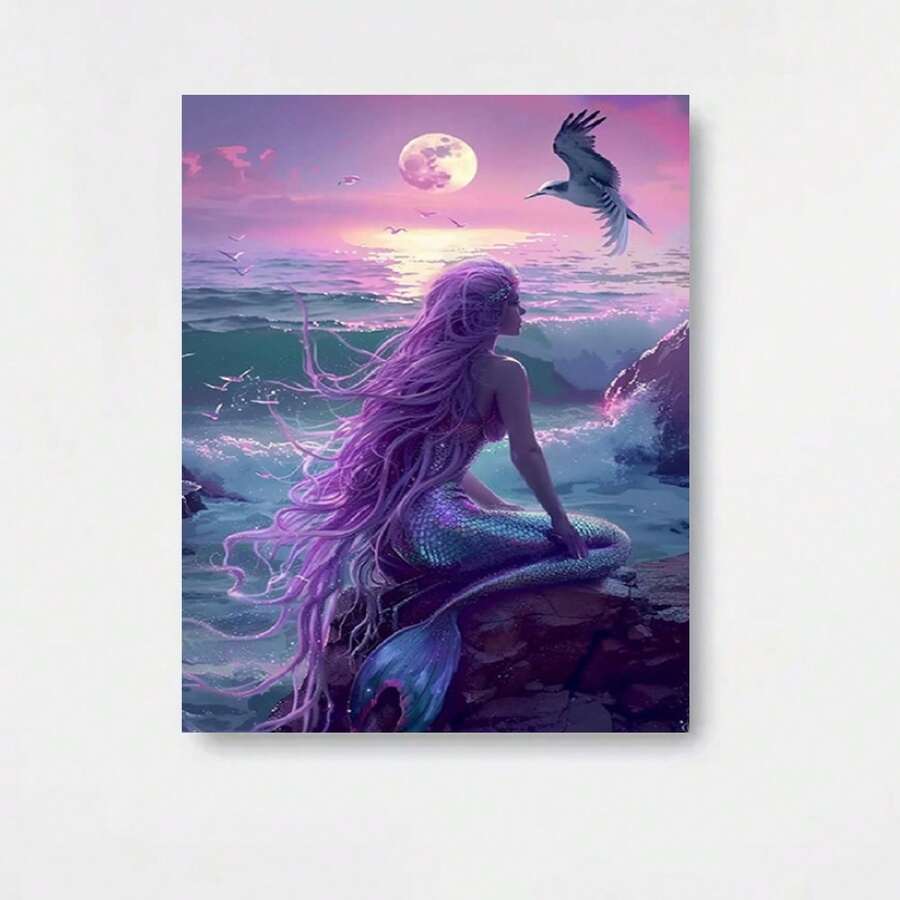 Pintura en lienzo sin marco, plana 2D, 1 pieza, varios s disponibles: una sirena de pelo morado sentada en una roca, contemplando la luna brillante y los pájaros volando sobre el mar. 8x12, 12x18, 16x24, 20x30, 24x36, 28x40, 32x48 pulgadas. Perfecta para sala de estar, dormitorio, comedor - Enmarcado - Ver 1