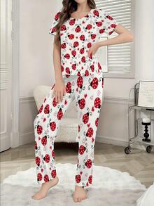 Women's Crew Neck Short Sleeve Top And Long Pants Loungewear Set Ladybug Heart Pattern Print Soft And Breathable Women's Pajama T-Shirt And Long Pants Set - 彩色 - 查看 1