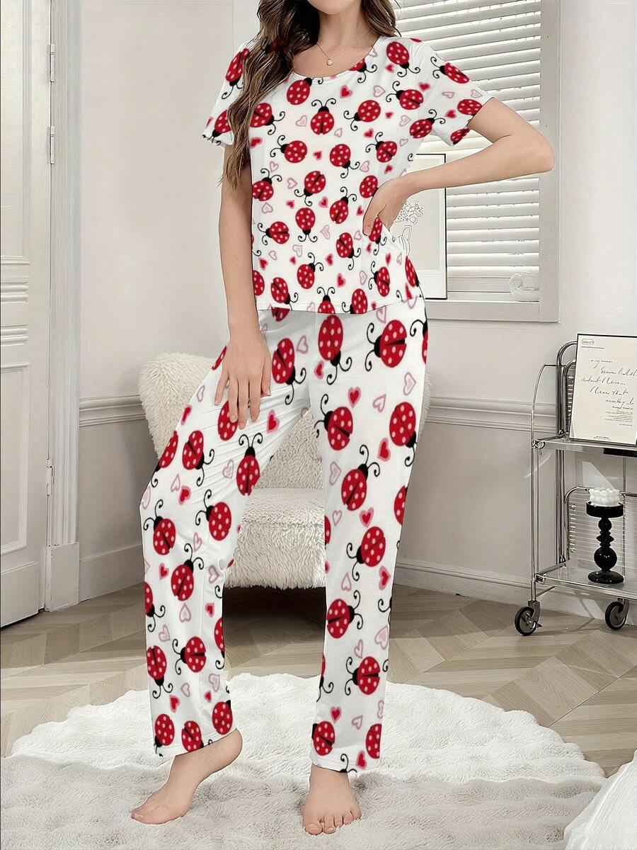 Women's Crew Neck Short Sleeve Top And Long Pants Loungewear Set Ladybug Heart Pattern Print Soft And Breathable Women's Pajama T-Shirt And Long Pants Set - 彩色 - 查看 1