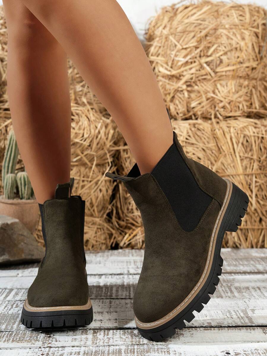 Women's Suede Chelsea Boots, Elastic Side Slip On Ankle Boots, Chunky Platform Non-Slip Casual Booties - Green - View 1