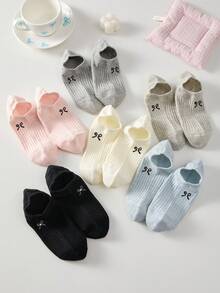 5 pares de calcetines de tobillo sólidos con lazo bordado lindo para mujeres, calcetines invisibles antideslizantes para uso diario, adecuados para todas las estaciones, entrega de colores aleatorios - Multicolor - Ver 5