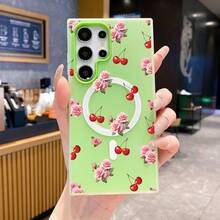 Funda para teléfono: Funda de gel adecuada para Samsung Galaxy S22, S23, S24, S25, S26 FE, Edge, Pus, Ultra A56 A54 A55 A36 A35 A26 A25 A17 A16 A15 con estampado de camelia flotante y cerezas. - Verde fluorescente - Ver 12
