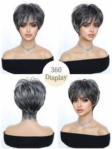10 Inch Black Short Hair With Bangs Synthetic Heat Resistant Straight Bob Wig, Full Wig For Women Daily Wear & Cosplay - Gray Highlight - View 4