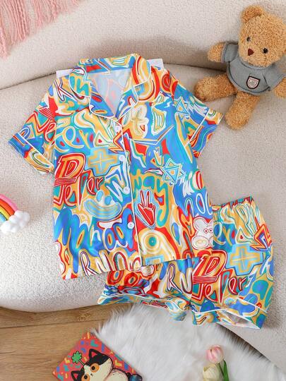 2 Stück/Set Tween-Mädchen Graffiti Muster Muster Kragen Kurzarm Strickjacke und Shorts Pyjama Set, Flammhemmend, geeignet für alle Jahreszeiten, Jungen & Mädchen