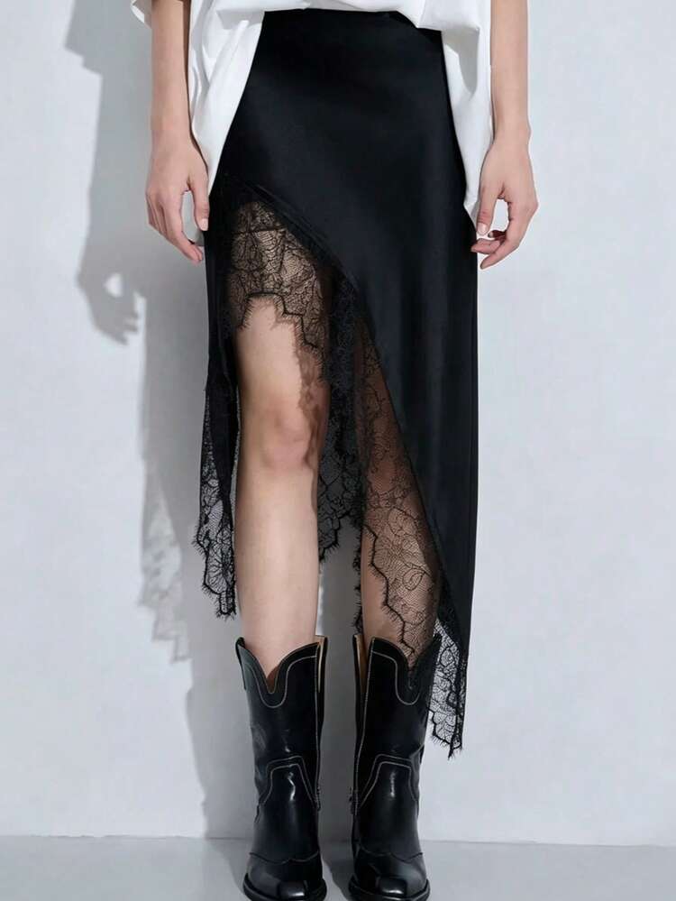 Falda asimétrica de encaje con parches, de corte ceñido, de estilo dulce y de moda europea y americana, para mujer, nueva colección primavera/verano, color negro - Negro - Añade 1