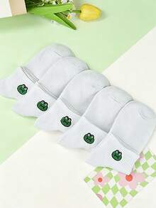 5/8/10双装 女士白色，白色底刺绣青蛙头大眼睛短袜，休闲百搭可爱日常穿搭，柔软舒适材质，短袜 - 彩色 - 查看 6