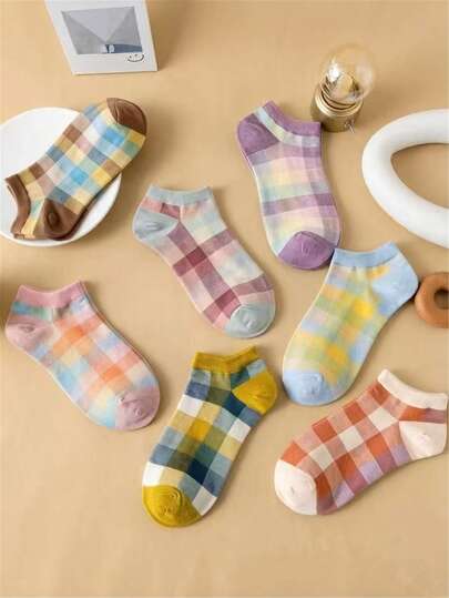 Big Girls Pastel Plaid Ankle Socks, Soft Cotton Breathable Checkered Socks, Cute Colorful Short Socks For Girl & Teen Girls