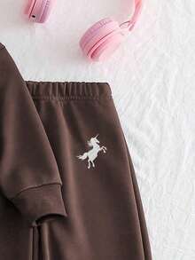 Chatreadl 2 piezas Conjunto de sudadera y pantalones de unicolor con bordado de unicornio para niñas, diseño minimalista, cómodo para primavera, otoño e invierno - Café integral - Ver 4