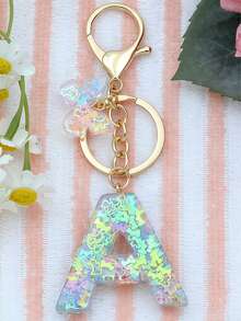 1pc Initial Letter Keychain With Cute Dog, Glitter Resin Pendant, Charming Butterfly Keyring, Gift - Baby Blue - View 37