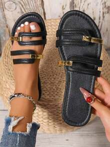 Women's Summer New Open Toe Flat Sandals With Gold Stripe Cutout Design, Navy Blue Color, Suitable Casual, Holiday, Daily Wear - Match With Dresses, Leggings, Casual Pants, Shorts, Skirts.Slip-On Snake Print Ladies Slippers, Suitable Spring, Summer, Autumn, Valentine's Day, Mother's Day, Festivals, Parties, Fashion, Elegant, Minimalist,, Cute, Vacation, Travel, Daily Matching, Beach Shoes - Đen 4 - Xem 2