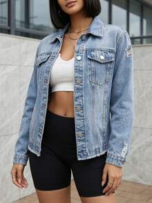 Solid Color Frayed Edge Dropped Shoulder Long Sleeve Distressed Fashion Jacket - Light Wash - View 5
