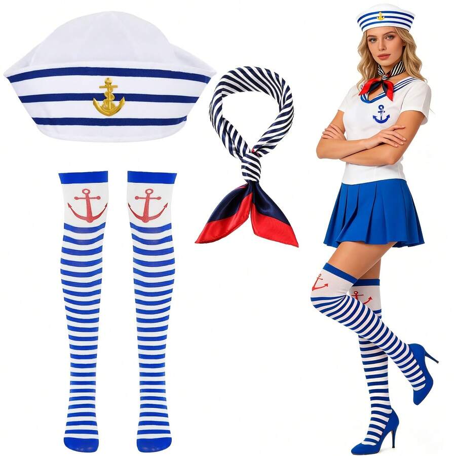 1/4/3件組女款水手服配件套裝 - 海軍帽、圍巾與長襪，適用於裝扮、主題派對、Cosplay、萬聖節、嘉年華、船上派對、船長角色扮演、航海角色扮演、航海服裝 - 彩色 - 查看 1