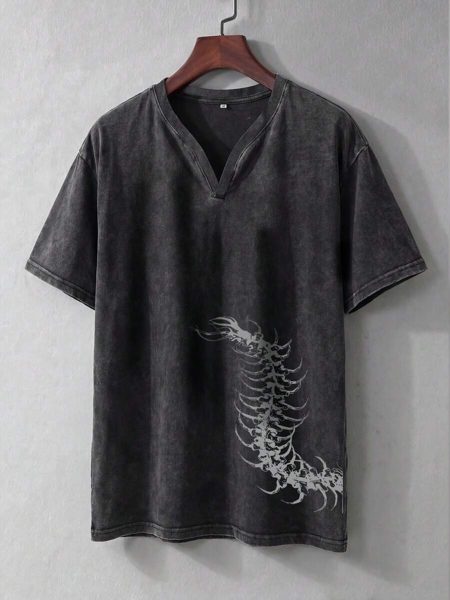 简约男士夏季水洗做旧V领复古休闲短袖T恤 - 黑色 - 查看 1