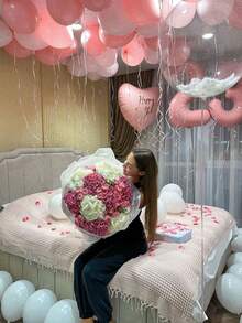 550pcs Pink Birthday Decor Kit - Happy Birthday Banner + Heart Foil Balloon + Pink Petals + Hot Pink, Macaron Pink, Rose Gold & White Thick Latex Balloons, Perfect For Women Birthday Party, Anniversary Decor, Midnight Surprise Decor, Party Supplies - Multicolor - View 5