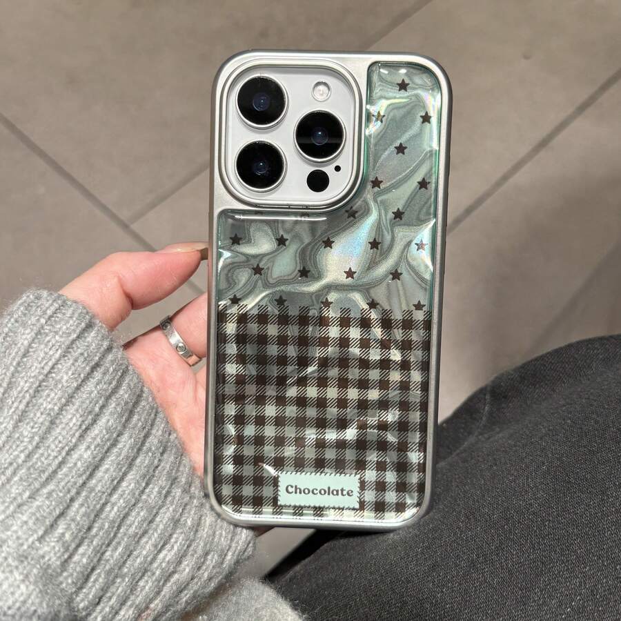 Ốp điện thoại thời trang, sáng tạo, viền bạc, họa tiết kẻ caro xanh lá cây cho iPhone 17 Pro Max / 16 Pro Max / 15 Pro Max / 14 Pro / 13, ốp điện thoại phong cách dành cho nữ/nam, ốp điện thoại tối giản/dễ thương. - Màu xanh Bạc hà - Xem 1