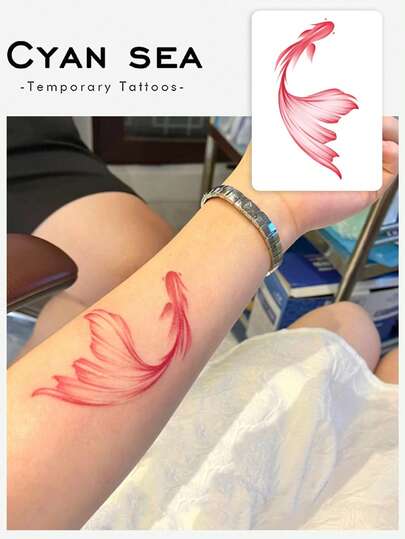1 Tattoo Sticker, Chinese Style Gradient Red Koi, Temporary Tattoo Sticker, Washable, PVC, Disposable, Waterproof And Sweatproof, Suitable For Arms, Waist, Abdomen, Back, Legs, Non-Reflective, Realistic Tattoo, Suitable For People, For Daily Use, Lasts 3-5 Days