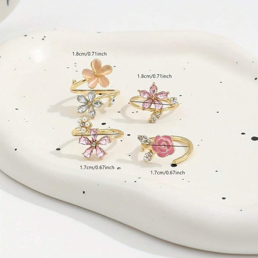 A Set Of Four Adjustable Rings Featuring Bohemian Designs, Including Colorful Roses And Faux Pearl Five-Petal Flowers, Perfect For Women'S Casual Outings, Everyday Wear, And Vacation Parties - 彩色 - 查看 1