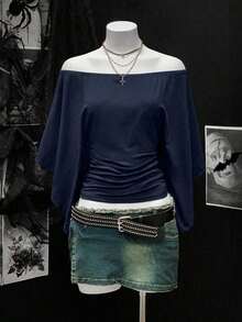 Women's Solid Color Ruched Off Shoulder Cinched Waist Retro Sexy T-Shirt - Royal Blue - View 1