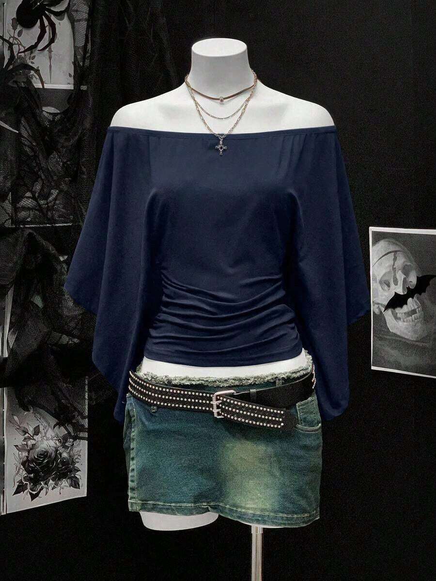 Women's Solid Color Ruched Off Shoulder Cinched Waist Retro Sexy T-Shirt - Royal Blue - View 1