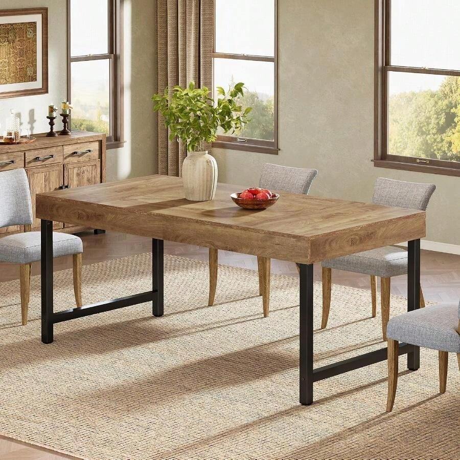 Farmhouse Dining Table For 4-6 People, 55 Inches Industrial Rectangular Kitchen Dinner Table With Heavy-Duty Metal Legs For Home, Dining Room, Small Space, Rustic Brown - 鄉村棕色和黑色 - 查看 1