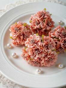 1pc (6 Heads) Mini Artificial Carnation Silk Pom Pom Flower Headpiece Fake Plant Autumn Wedding Candy Box Decoration Vase Home Restaurant Bedroom Decor Holiday Birthday Party Outdoor Garden Decoration - Red Bean Paste Powder - View 2