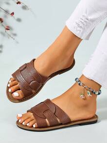 Ximi Ruo Korean Style Casual Flat Slippers, Brown Color, Holiday Essential, Women's Shoes, Open Toe Sandals For Spring, Summer, Suitable For Dresses - Brown - View 2