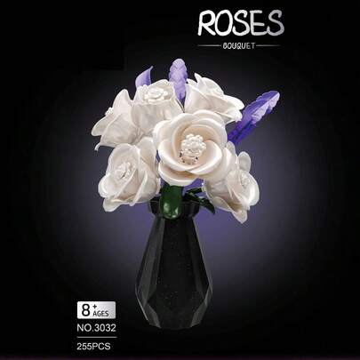 255pcs White Rose Vase Building Blocks, Everlasting Flower Wall Hanging Toy Decor, Children Educational Small Particle Construction Toy Imitation Rose Flower Model