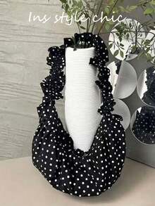 Túi đeo vai đơn kiểu Hobo bằng vải chấm bi đen trắng, túi xách tay mềm mại, kiểu dáng giản dị, quai xách xếp ly bồng bềnh, lý tưởng cho sinh viên đại học, nữ công sở, thiếu nữ, bà nội trợ, giáo viên. - màu đen - Xem 6