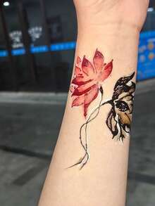 1张纹身贴纸，中式墨色双色莲花图案，临时纹身贴纸，可水洗，PVC材质，一次性使用，防水防汗，适用于手臂、腰部、腹部、背部、腿部，不反光，逼真纹身效果，适合人群，日常使用，可持续3-5天 - 彩色 - 查看 3
