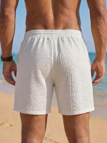 Men's Simple Solid Color Casual Shorts, Drawstring Waist Sports Shorts, Suitable For Everyday Summer Wear, Beach Vacations, Outdoor Activities, Running,Gym,And Exercise. - Off White - View 2