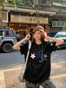 Starfish & Bubble Letter Print Slouchy Black T-Shirt For Women, Summer Short Sleeve, Niche American Retro Versatile Top Casual - Black - View 6