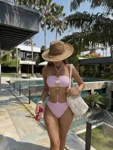 Bộ bikini hai mảnh kiểu yếm cổ điển, gợi cảm, thanh lịch dành cho nữ, mẫu mới về mùa xuân/hè, được trang trí bằng đồng xu, chất liệu vải co giãn cao. - Màu tím hoa cà - Xem 5