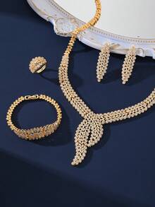Bộ 4 món trang sức cao cấp mạ vàng đính đá Zirconia, gồm dây chuyền, vòng tay, bông tai và nhẫn, phụ kiện dự tiệc cưới, quà tặng ngày Valentine sang trọng. - Vàng - Xem 3