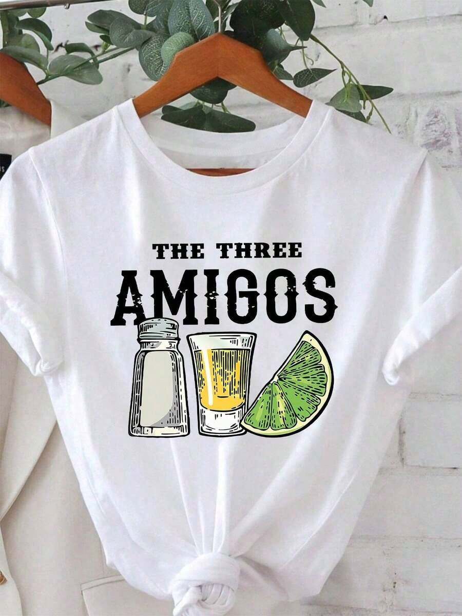 Camiseta Gráfica Divertida de Tequila Three Amigos para Mujer, Cuello Redondo, Manga Corta, Estilo Casual de Verano, Diseño Divertido con Estampado de Tequila y Rodaja de Limón, Lavable aáquina, Corte Regular, Para Atuendos Casuales y Fiestas Temáticas, Camisetas para Mujer, Ropa de, Uso Diario - Blanco - Ver 1