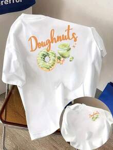 Short Sleeve T-Shirt With Front And Back Panels - Fashionable Matcha Donut Print - Women's Printed T-Shirt For Spring/Summer, Fashion Item. - White - View 6