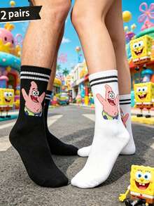 SpongeBob SquarePants 2双装男女通用黑白撞色卡通海星印花中筒袜，趣味休闲袜，适合上学，四季皆宜 - 彩色 - 查看 1