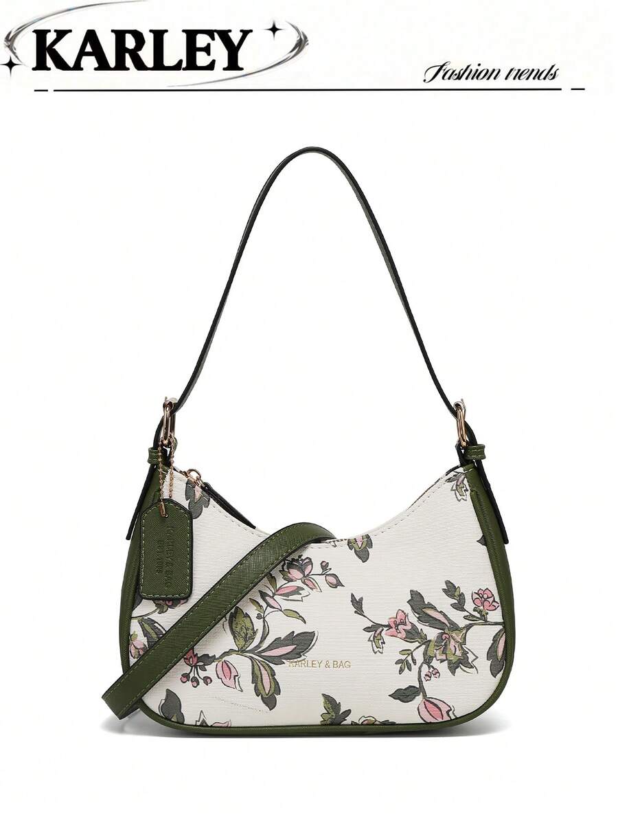 Floral Pattern Women's Shoulder Bag, Fashion Commuter Handbag, High-Quality PU Leather Material, Minimalist Versatile Design, Stylish Contrast Color Print Crescent Bag, Baguette Bag - Green - View 1