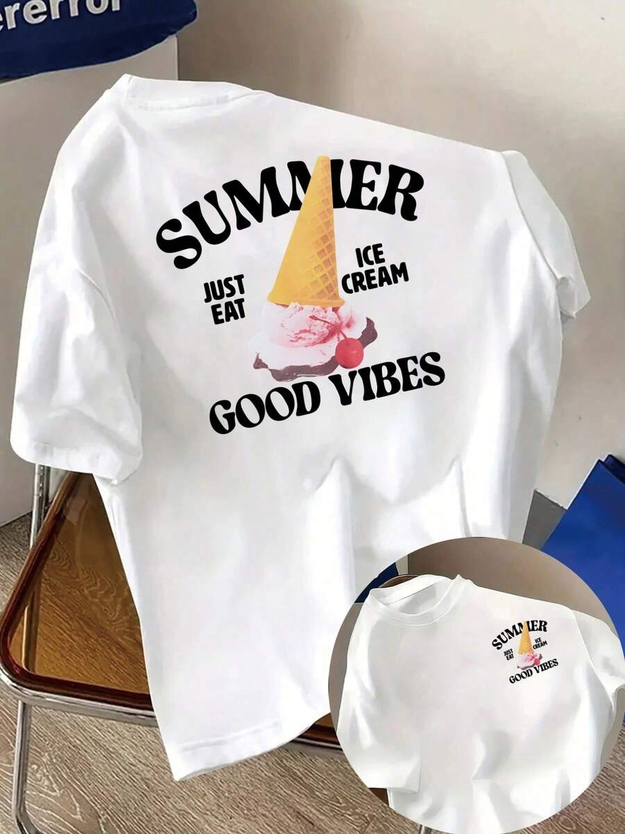 Short Sleeve T-Shirt With Front And Back Print -"Summer Ice Cream, Good Mood" Print - Women's Printed T-Shirt For Spring/Summer, Fashion Item. - White - View 1