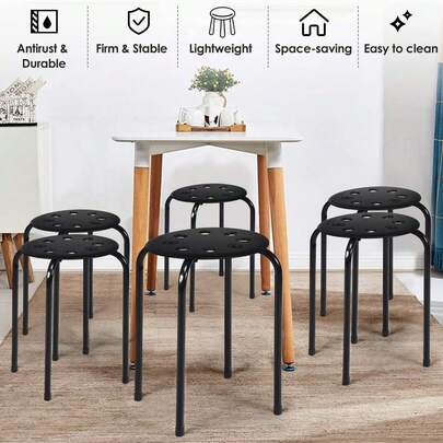 6-Pack Round Plastic Stack Stools, 17.5-Inch Height Backless School Classroom Decoration Stools With Metal Frame, Portable Stackable Chairs, Black