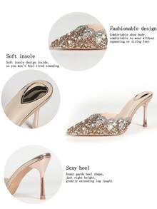Sandálias de Salto Alto de Moda Feminina, Design de Bico Fino Sem Costas, Decoração de Strass Brilhante, Sandálias de Salto Alto Fino com Tira no Tornozelo, Salto Alto Elegante Sexy Sólido com Babado/Assimétrico/Fivela Irregular Strass para Festa, Casamento, Escritório, Férias, Praia, Interno e Externo, Primavera/Verão, Todas as Estações - Champanhe - Visão 6