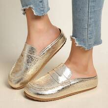 Women's Gold Flat Sandals, Retro Slip-On Mules, Casual Versatile Plus Size Shoes - Gold - View 5