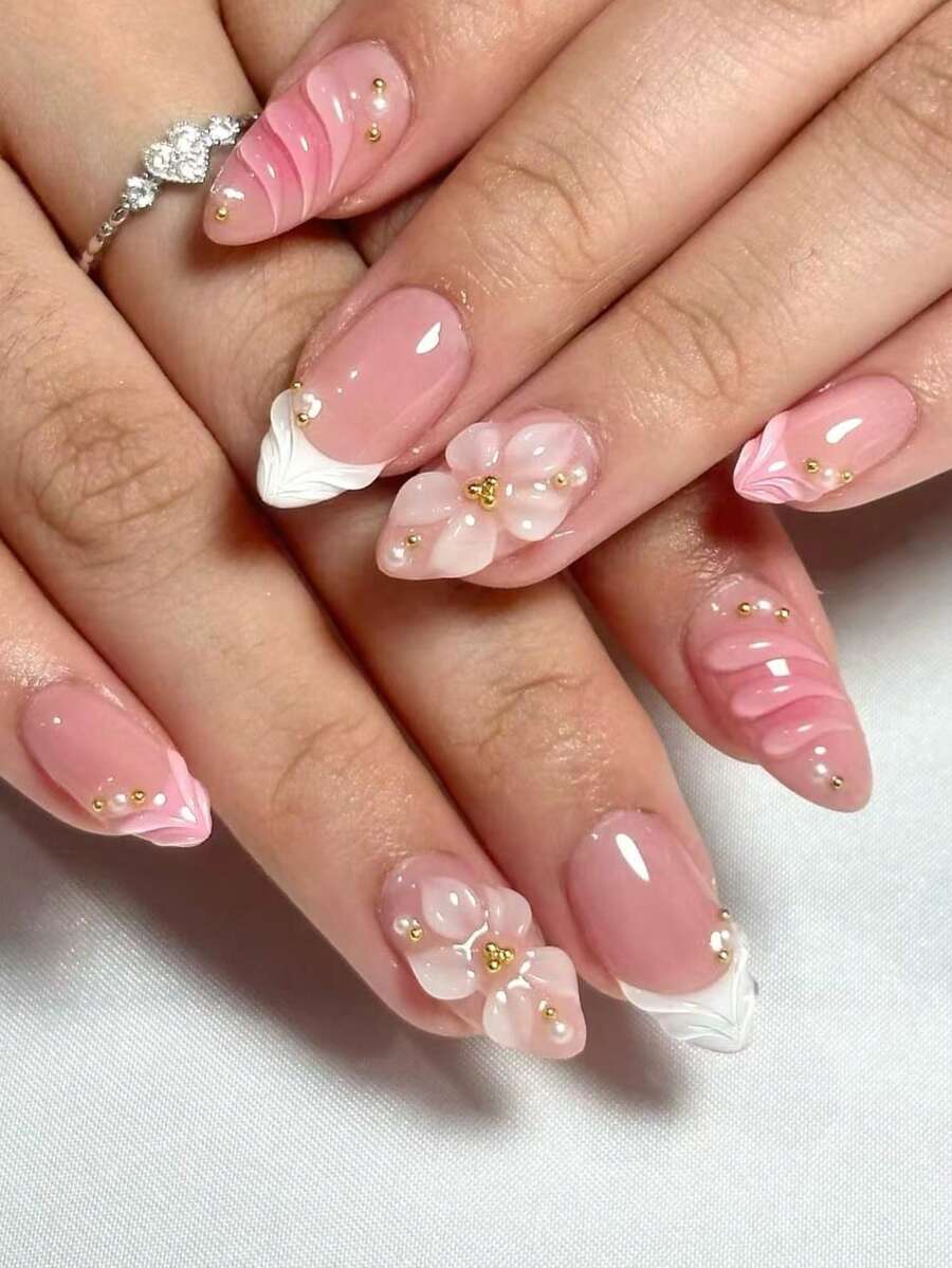 24片杏仁形3D凝胶美甲贴纸，珍珠花朵图案，法式闪粉短款假指甲套装，包含1瓶胶水和1把指甲锉，适合女性日常生活和派对场合。 - 彩色 - 查看 1